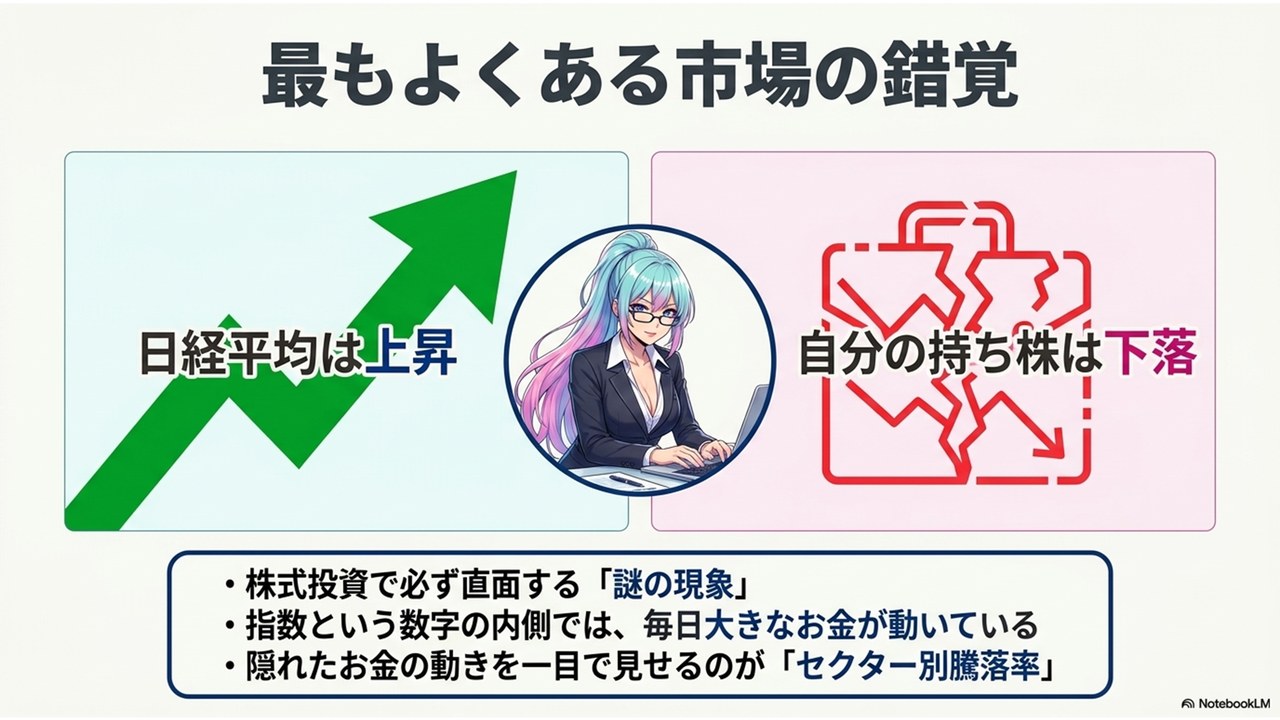 最もよくある市場の錯覚 — 日経平均は上昇、なのに自分の持ち株は下落。その謎を解く鍵が「セクター別騰落率」