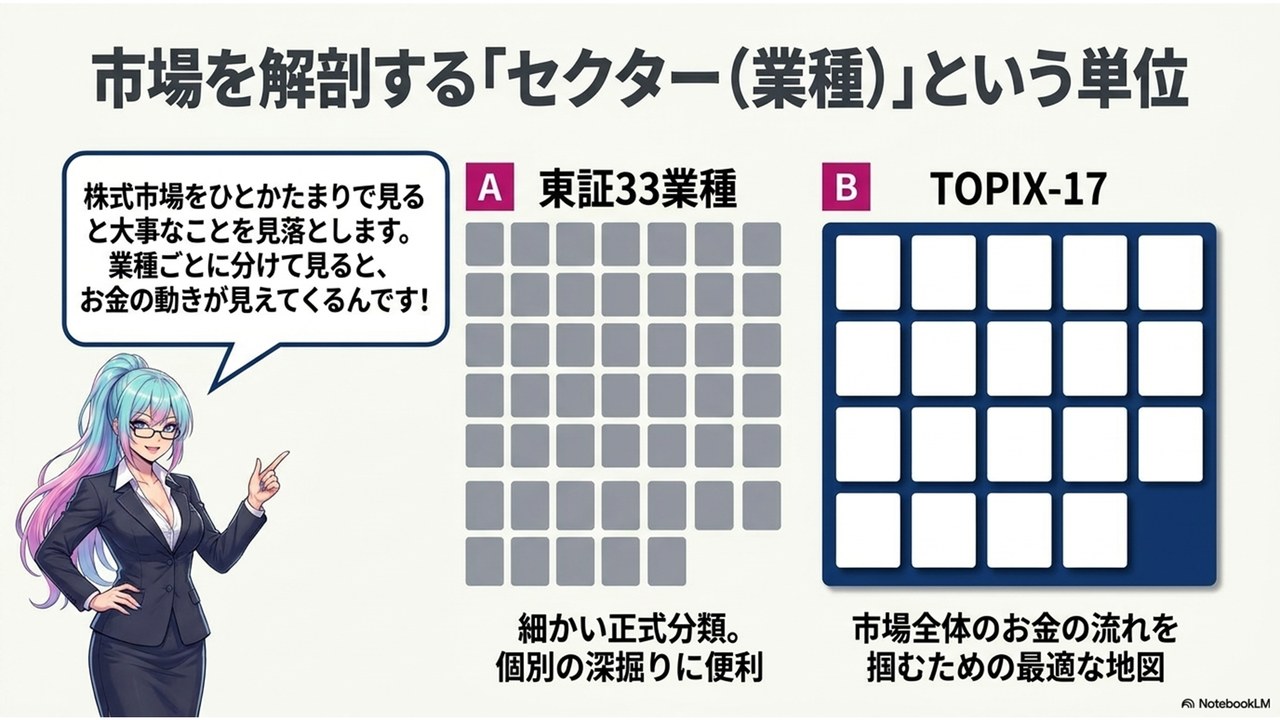 市場を解剖する「セクター（業種）」という単位 — 細かい東証33業種と、資金の流れをつかむ地図 TOPIX-17
