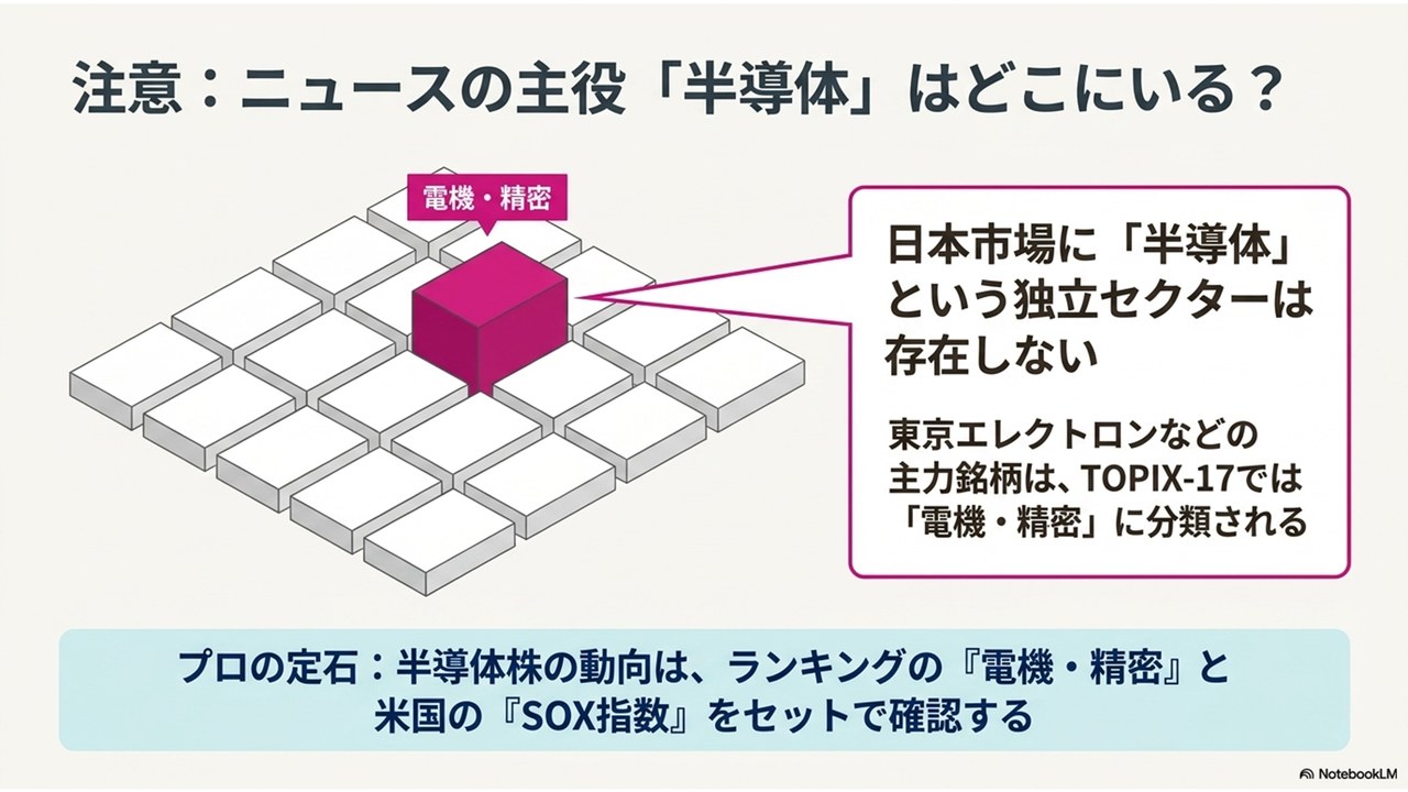 ニュースの主役「半導体」はどこにいる？ — 独立セクターは存在せず、TOPIX-17では「電機・精密」に分類される