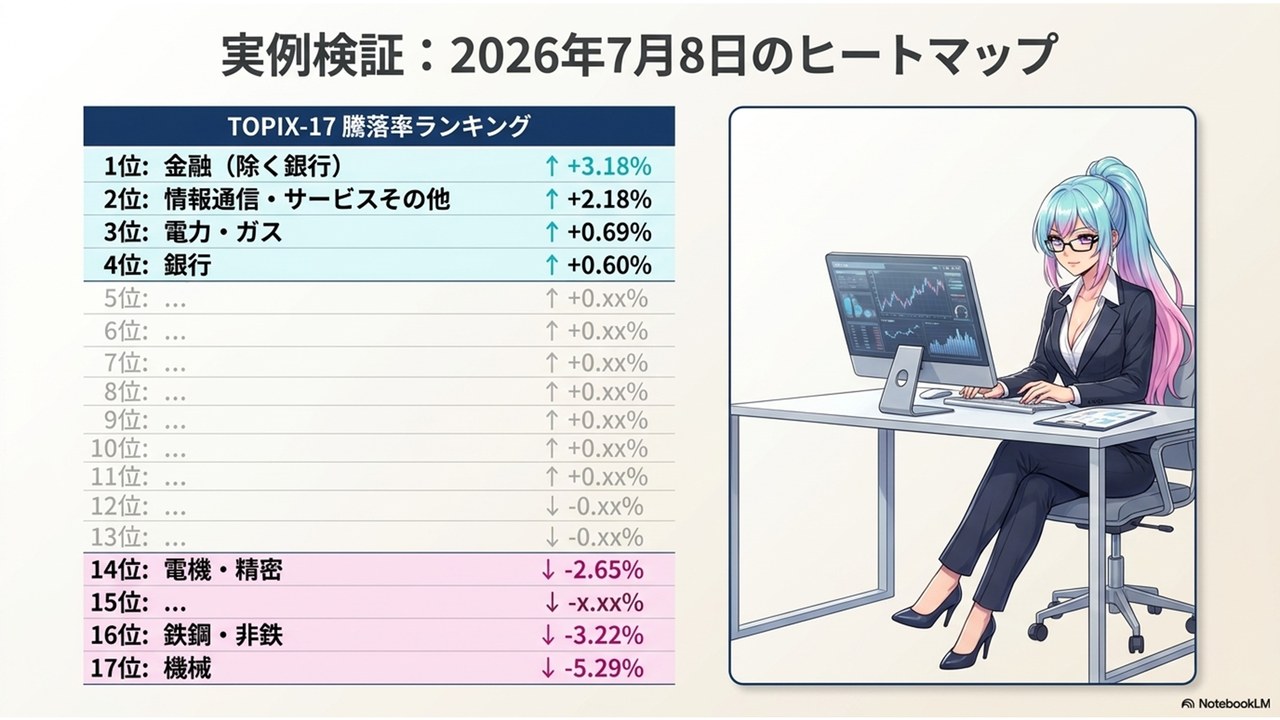 実例検証: 2026年7月8日のTOPIX-17騰落率ランキング — 上位に金融・情報通信、下位に機械・鉄鋼・電機・精密