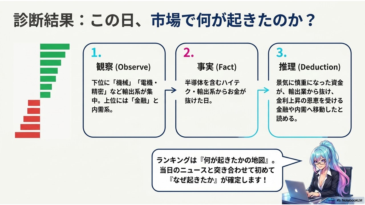 診断結果: 観察→事実→推理の3ステップ — 半導体を含むハイテク・輸出系から金融・内需へ資金が移動した日