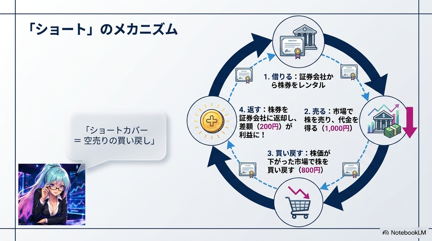 ショートのメカニズム 借りる・売る・買い戻す・返す