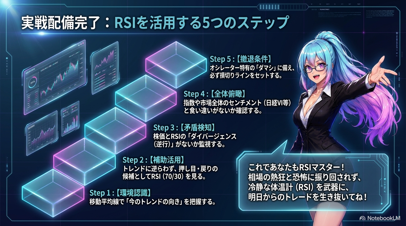 スライド⑩：勝率を最大化する「指標の合わせ技」ダッシュボード ― RSI×移動平均線/MACD/日経VI/騰落レシオ