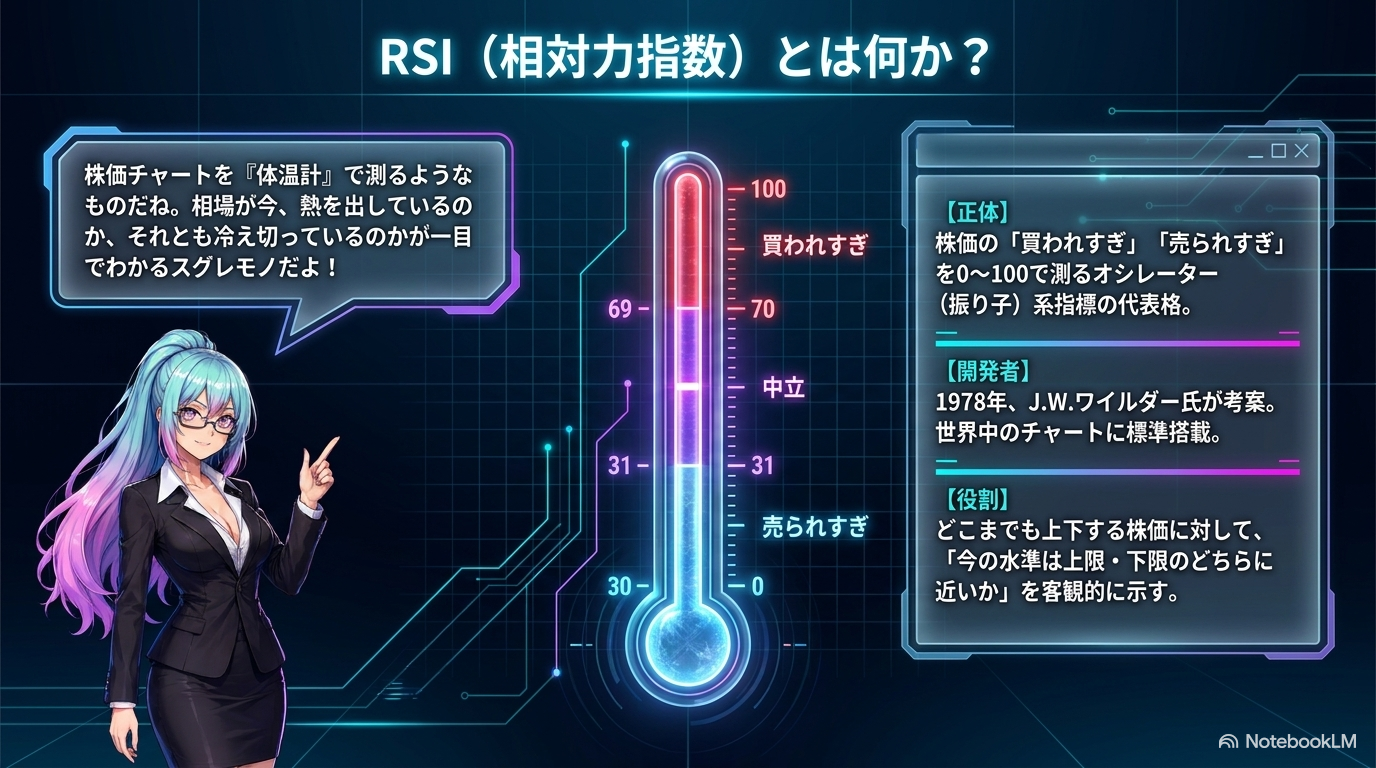 スライド②：RSI(相対力指数)とは何か ― 0〜100で買われすぎ・売られすぎを測るオシレーター系指標の代表格 (1978年ワイルダー氏考案)