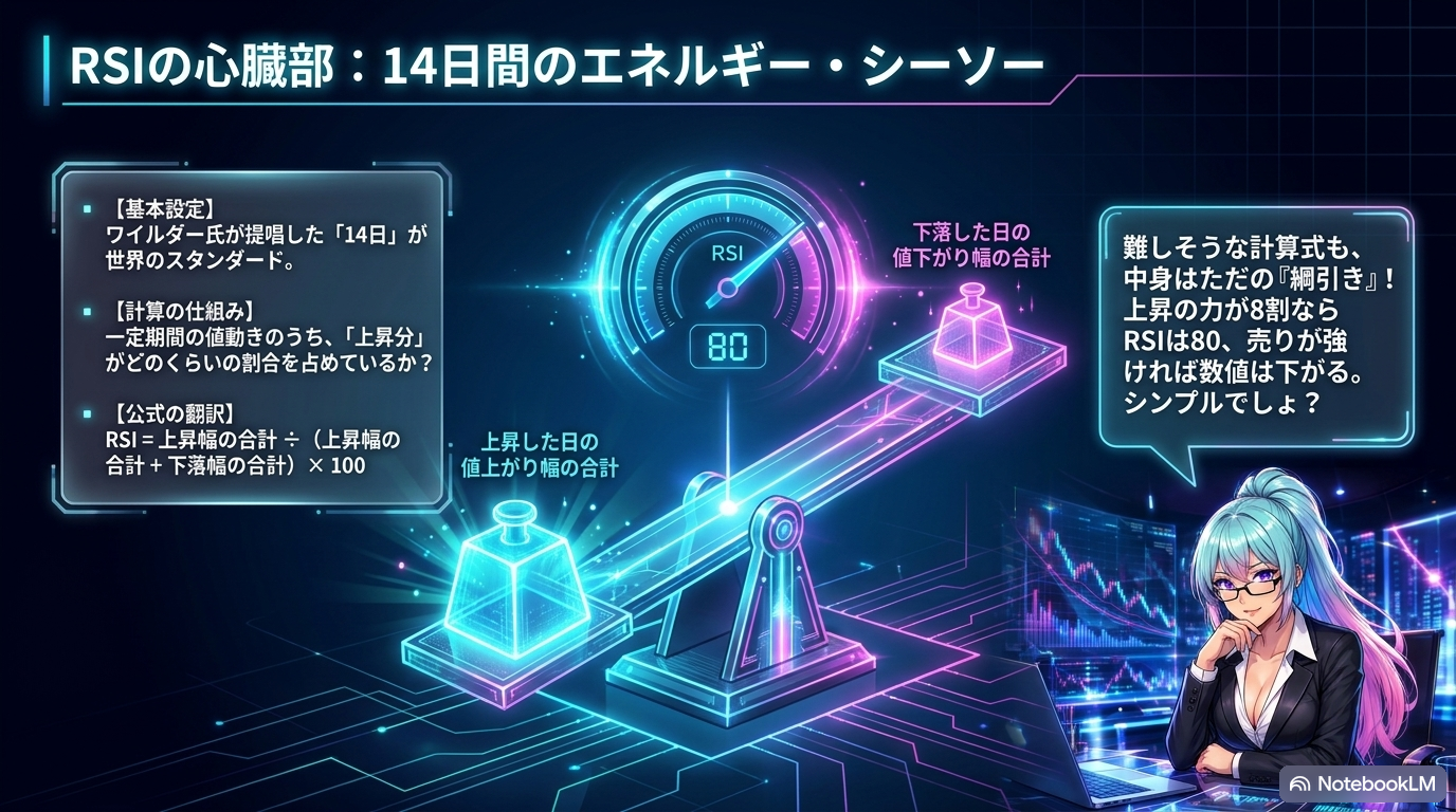 スライド③：RSIの心臓部 ― 14日間の値上がり幅と値下がり幅の綱引き (上昇幅の合計÷(上昇幅+下落幅)×100)