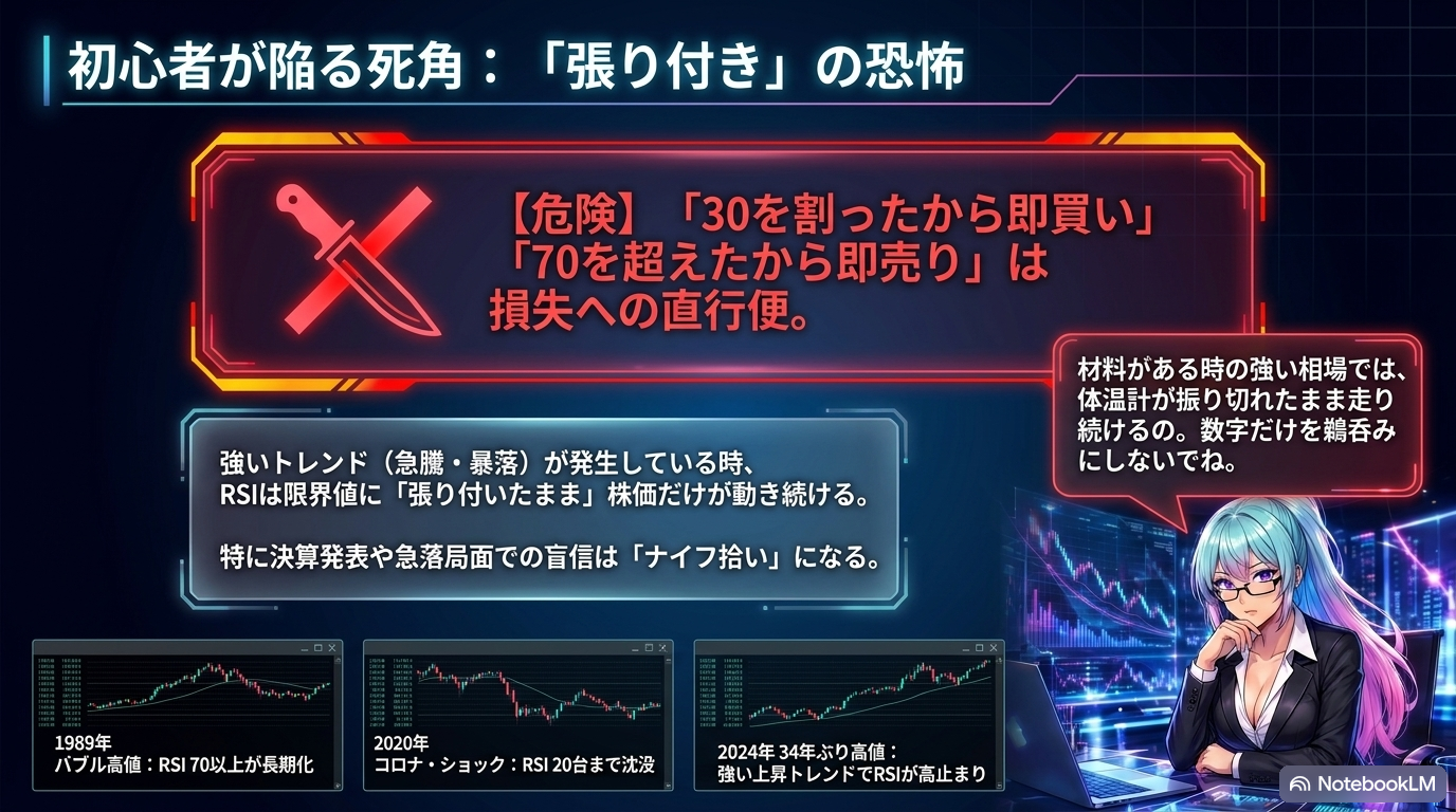 スライド⑤：初心者が陥る死角 ― 「張り付き」の恐怖 (1989年バブル/2020年コロナ/2024年高値の3事例)