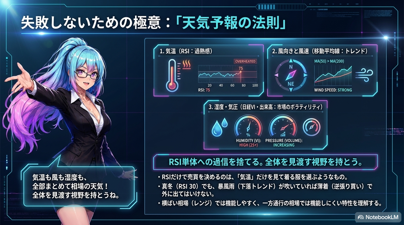 スライド⑥：プロの奥義 ― ダイバージェンス(逆行現象)、株価とRSIの動きが逆方向に離れる矛盾はトレンド転換の予兆
