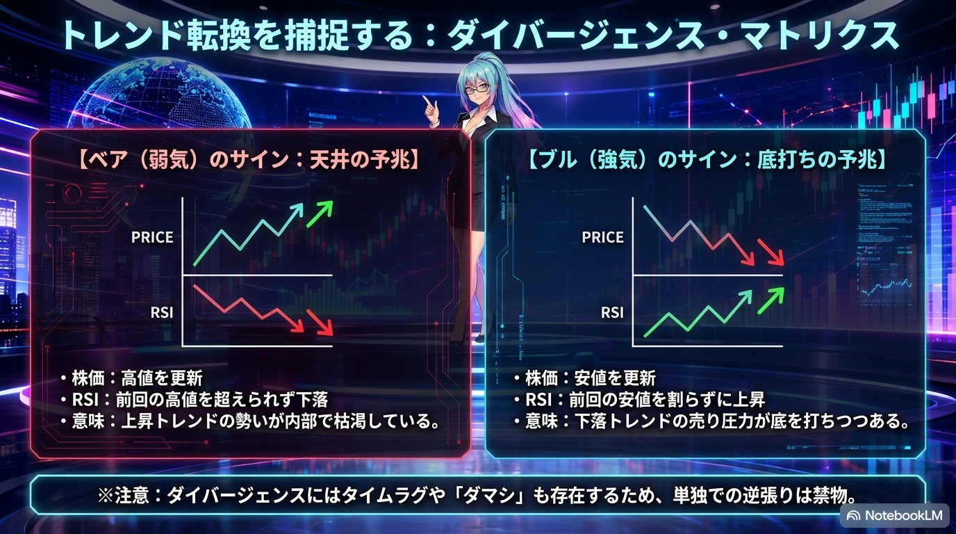 スライド⑧：実戦配備完了 ― RSIを活用する5つのステップ (環境認識→補助活用→矛盾検知→全体俯瞰→撤退条件)