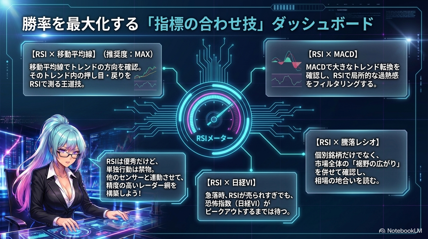 スライド⑨：失敗しないための極意 ― 「天気予報の法則」(気温=RSI/風向=移動平均線/湿度=日経VI・出来高)