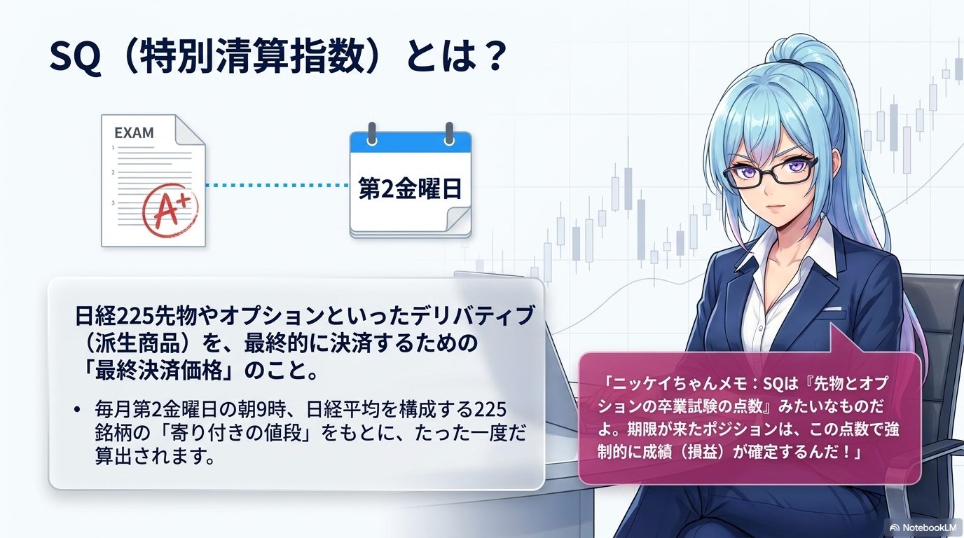 SQ（特別清算指数）とは ― 毎月第2金曜の朝9時、225銘柄の寄り値で一度だけ算出される最終決済価格