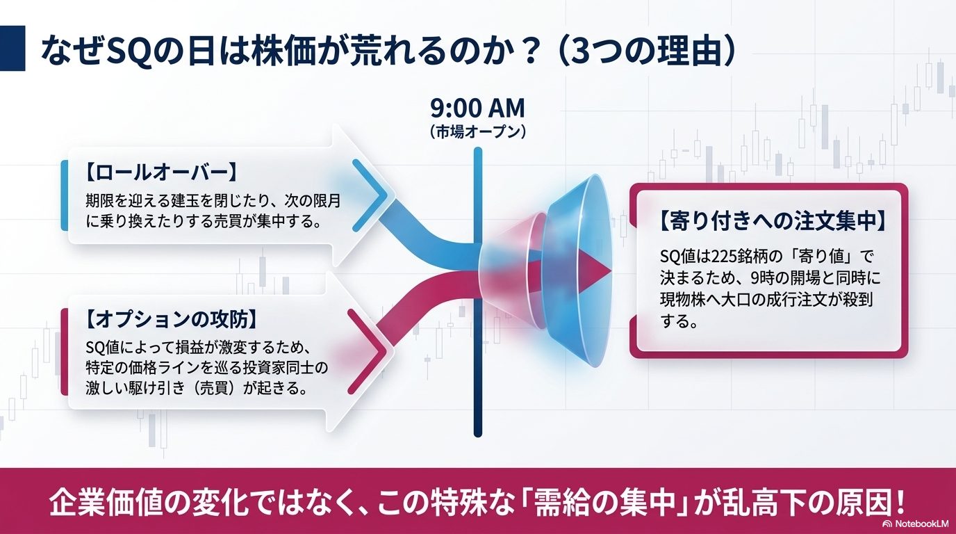 SQの日に株価が荒れる3つの理由 ― ロールオーバー・オプションの攻防・寄り付きへの注文集中