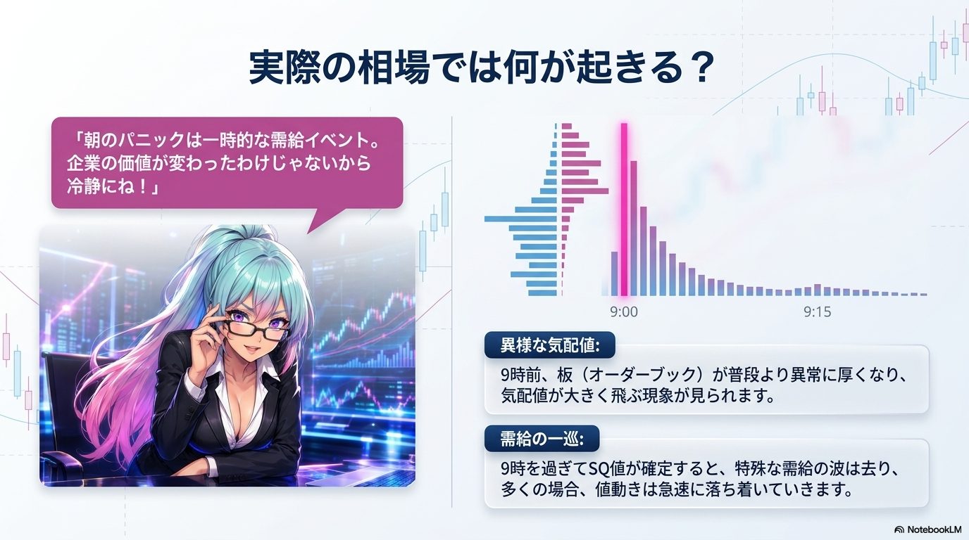 実際の相場では何が起きる ― 9時前の異様な気配値と、SQ値確定後の需給の一巡