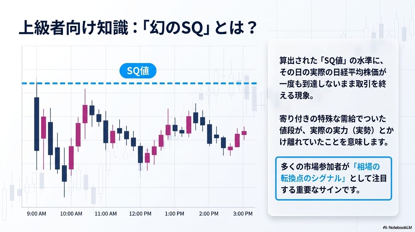 「幻のSQ」とは ― 日経平均がSQ値に一度も到達しないまま終える現象。相場の転換点のシグナルとして注目される