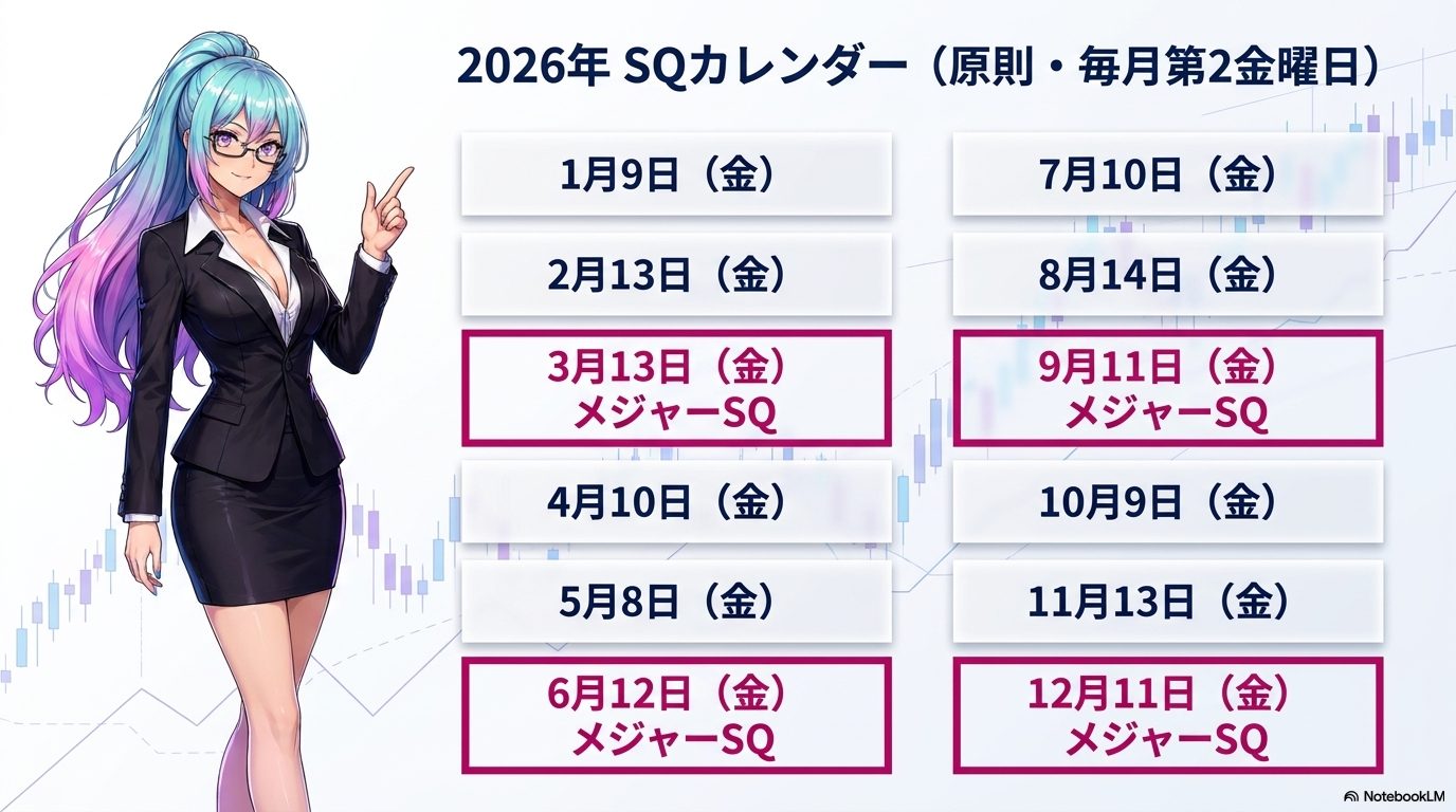 2026年SQカレンダー ― 原則毎月第2金曜日。3・6・9・12月がメジャーSQ