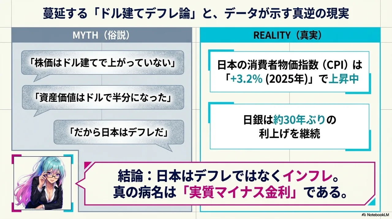 俗説と真実の対比: 日本はデフレではなくインフレ、真の病名は実質マイナス金利