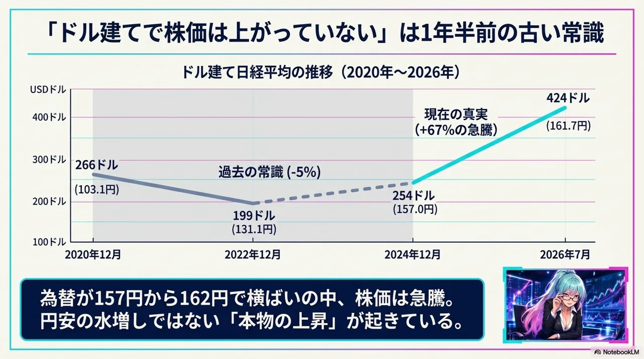 ドル建て日経平均の推移(2020年〜2026年): 2025年以降は+67%の急騰