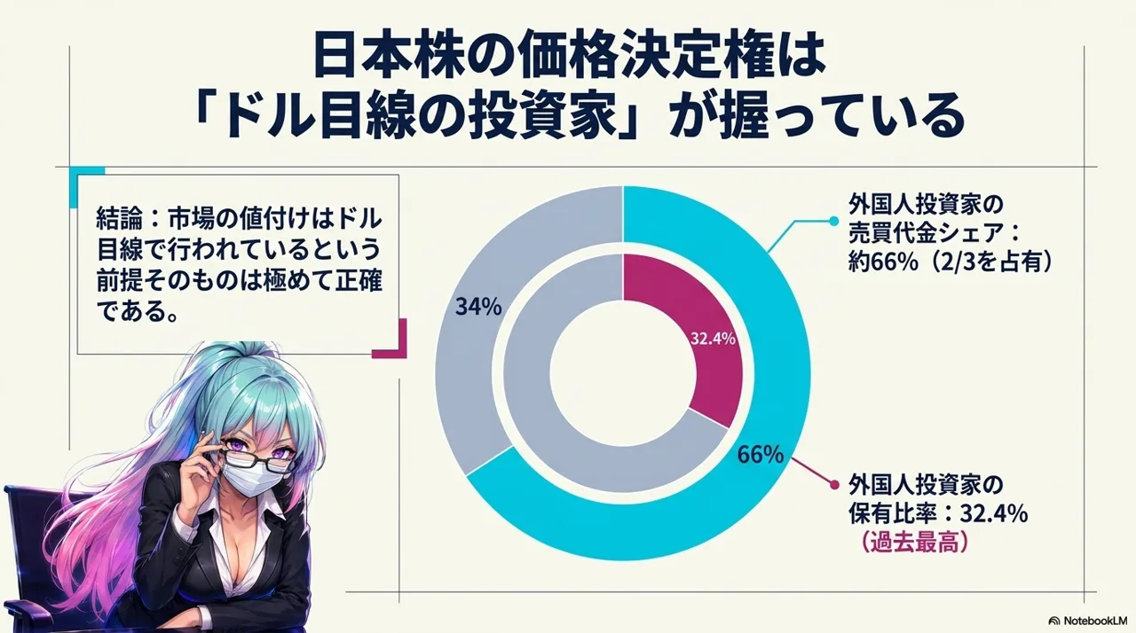 日本株の価格決定権はドル目線の投資家: 売買代金シェア66%・保有比率32.4%