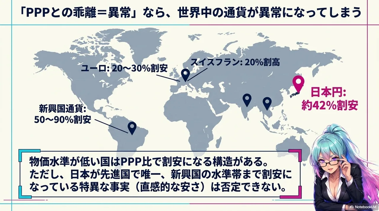 PPPとの乖離は世界中の通貨にある: 日本円は約42%割安、スイスフランのみ割高