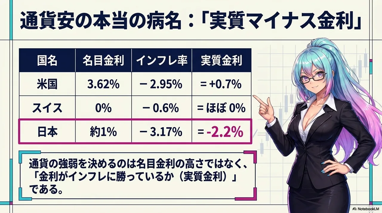 通貨安の本当の病名: 実質マイナス金利(日米スイス比較)