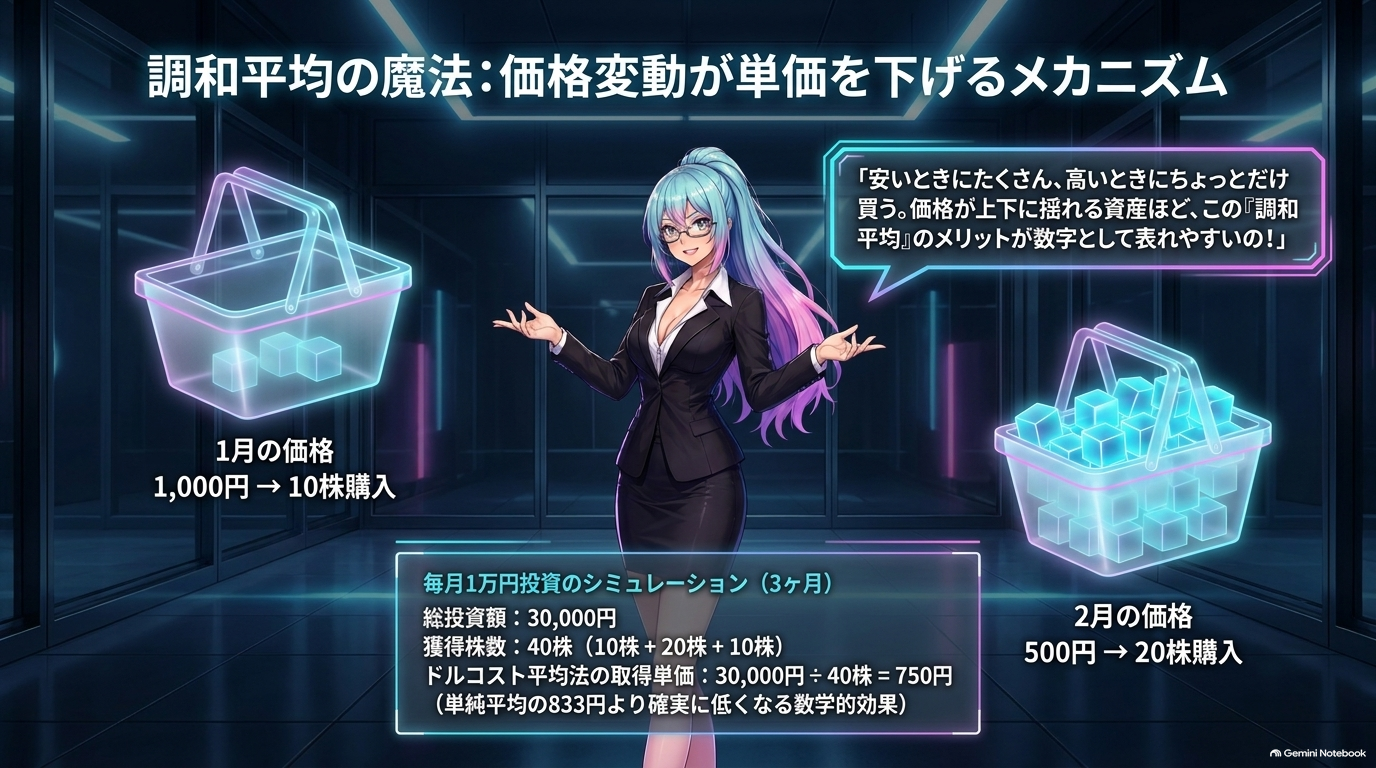 調和平均の魔法：毎月1万円投資のシミュレーションで取得単価750円と単純平均833円を比較