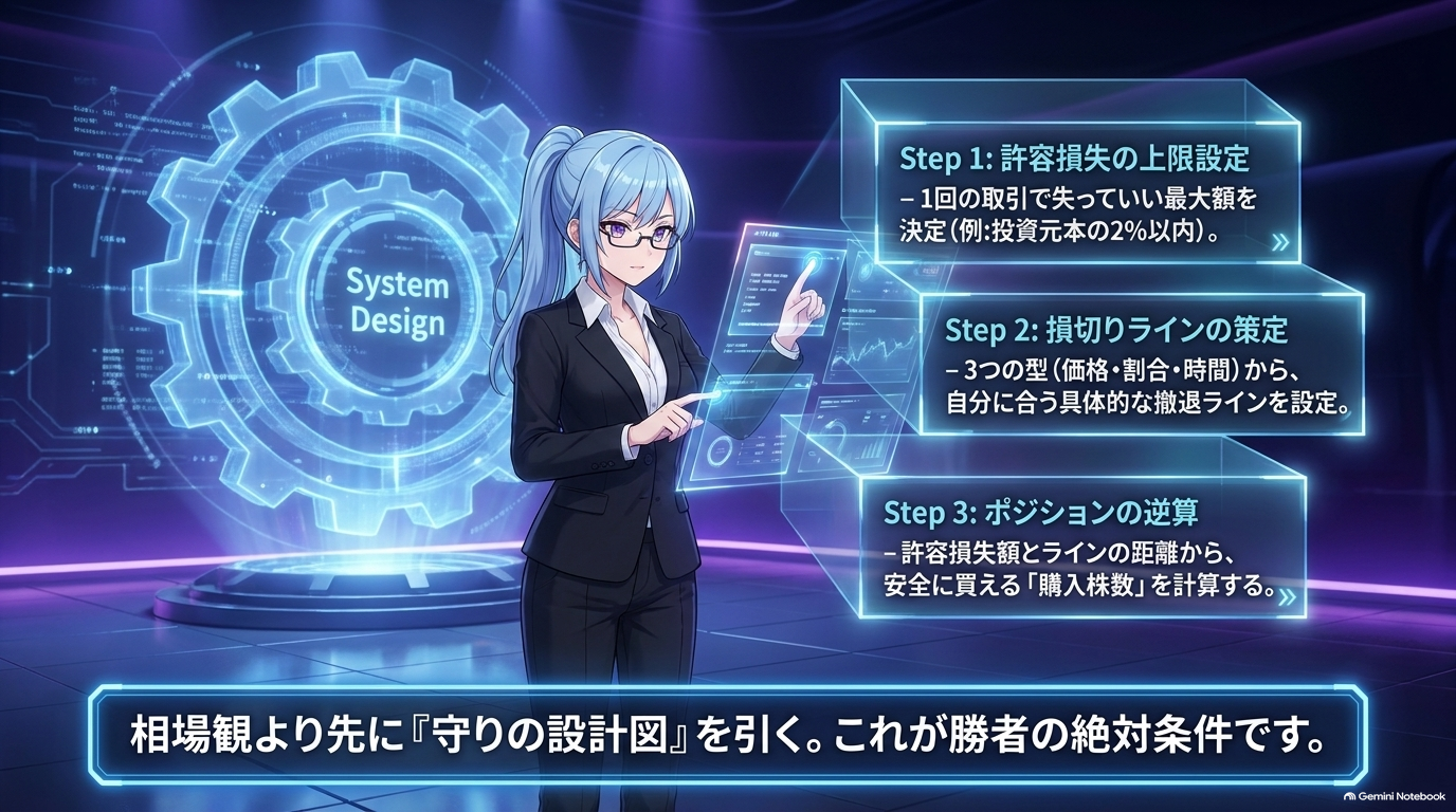 損切りルール作成の6ステップ（設計編）：STEP1 許容損失の上限設定／STEP2 損切りラインの策定／STEP3 ポジションの逆算