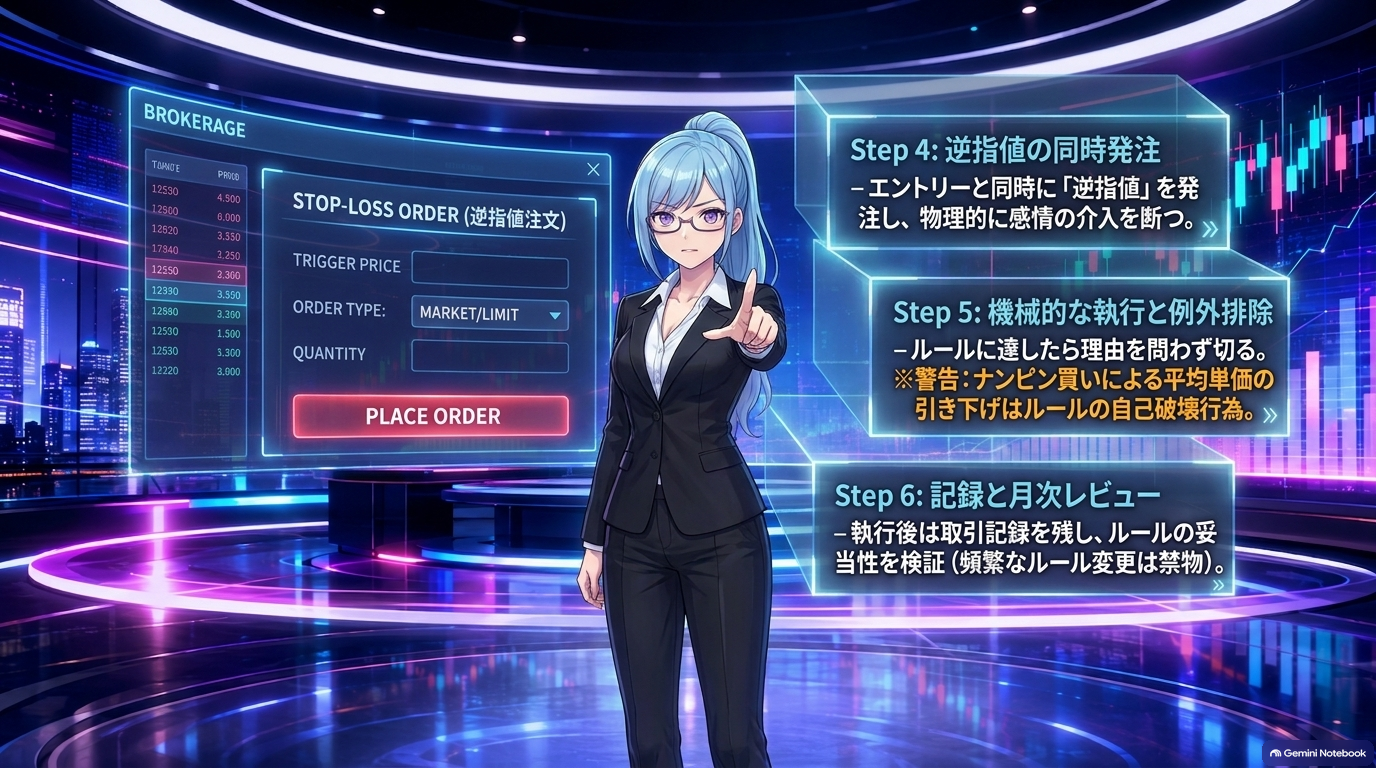 損切りルール作成の6ステップ（実行編）：STEP4 逆指値の同時発注／STEP5 機械的な執行と例外排除／STEP6 記録と月次レビュー