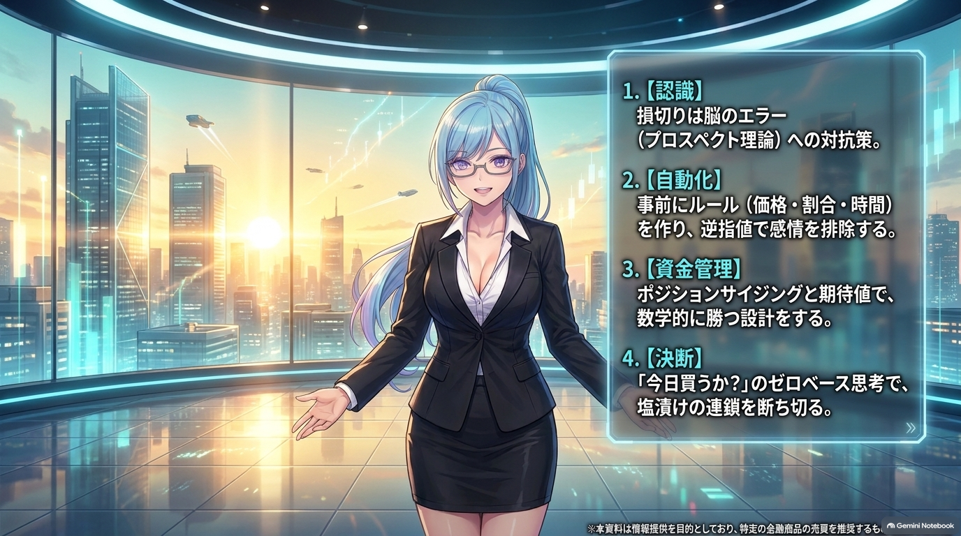 まとめ：認識（プロスペクト理論）・自動化（逆指値）・資金管理（ポジションサイジングと期待値）・決断（ゼロベース思考）