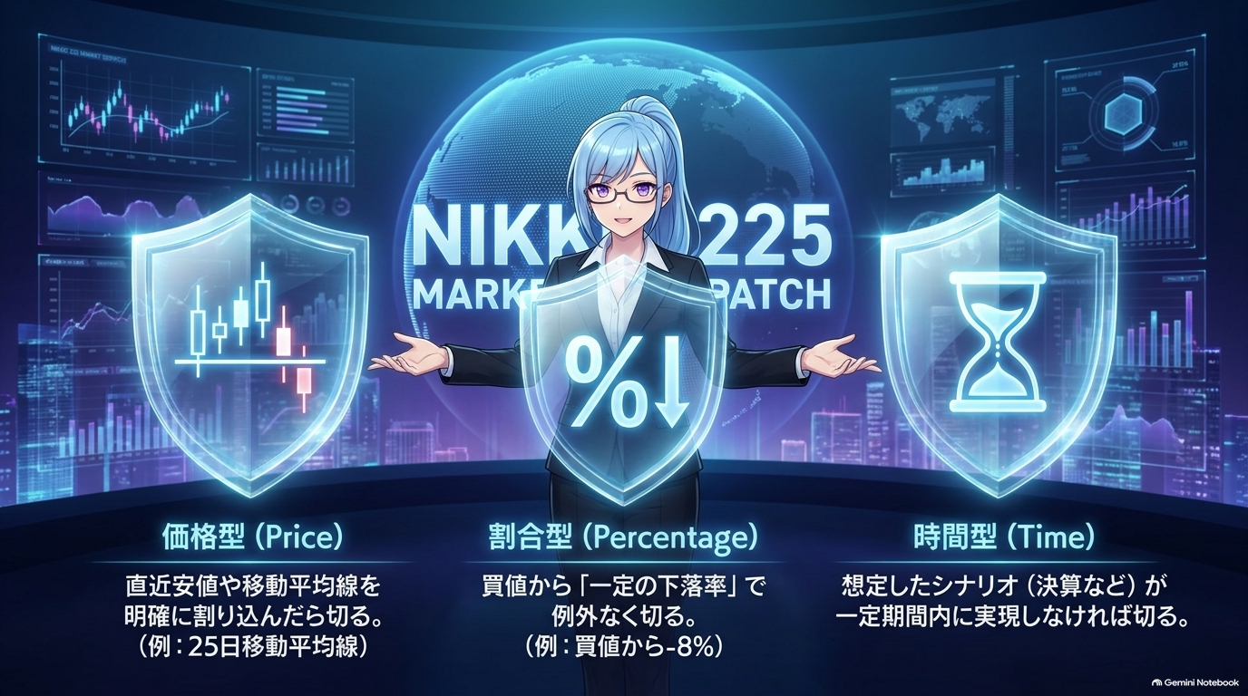 損切りルールの3つの型：価格型（移動平均線）・割合型（買値から-8%）・時間型（期間内に実現しなければ切る）