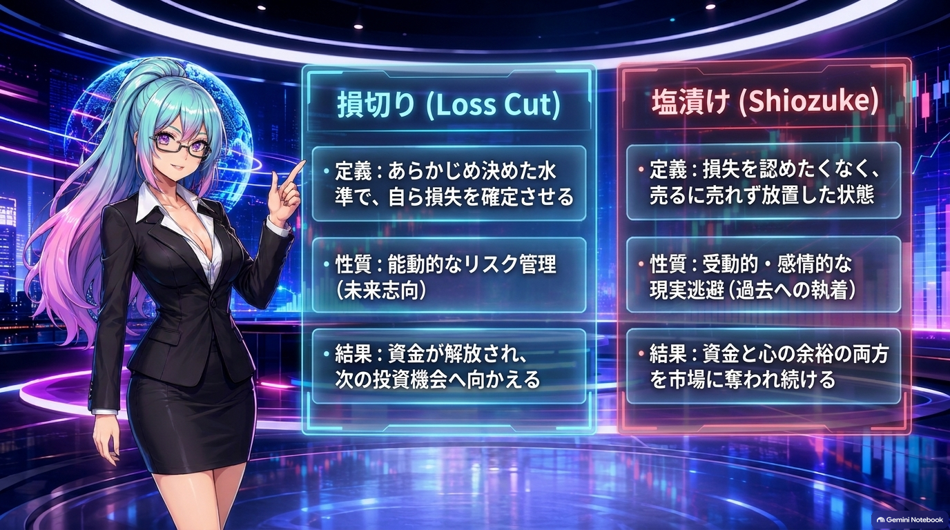 損切り（Loss Cut）と塩漬け（Shiozuke）の違い：能動的なリスク管理と受動的な現実逃避