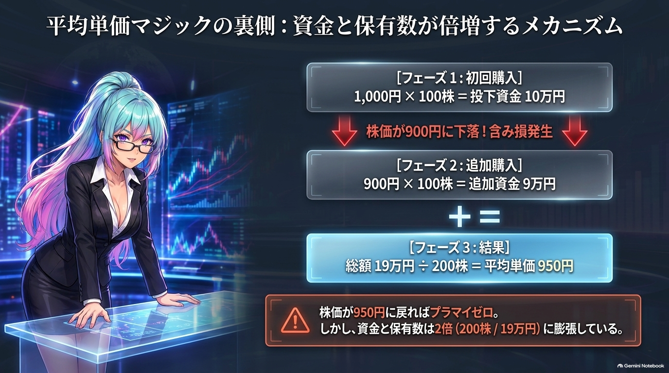 平均単価マジックの裏側：1,000円×100株→900円×100株で平均単価950円、資金と保有数は2倍に膨張する