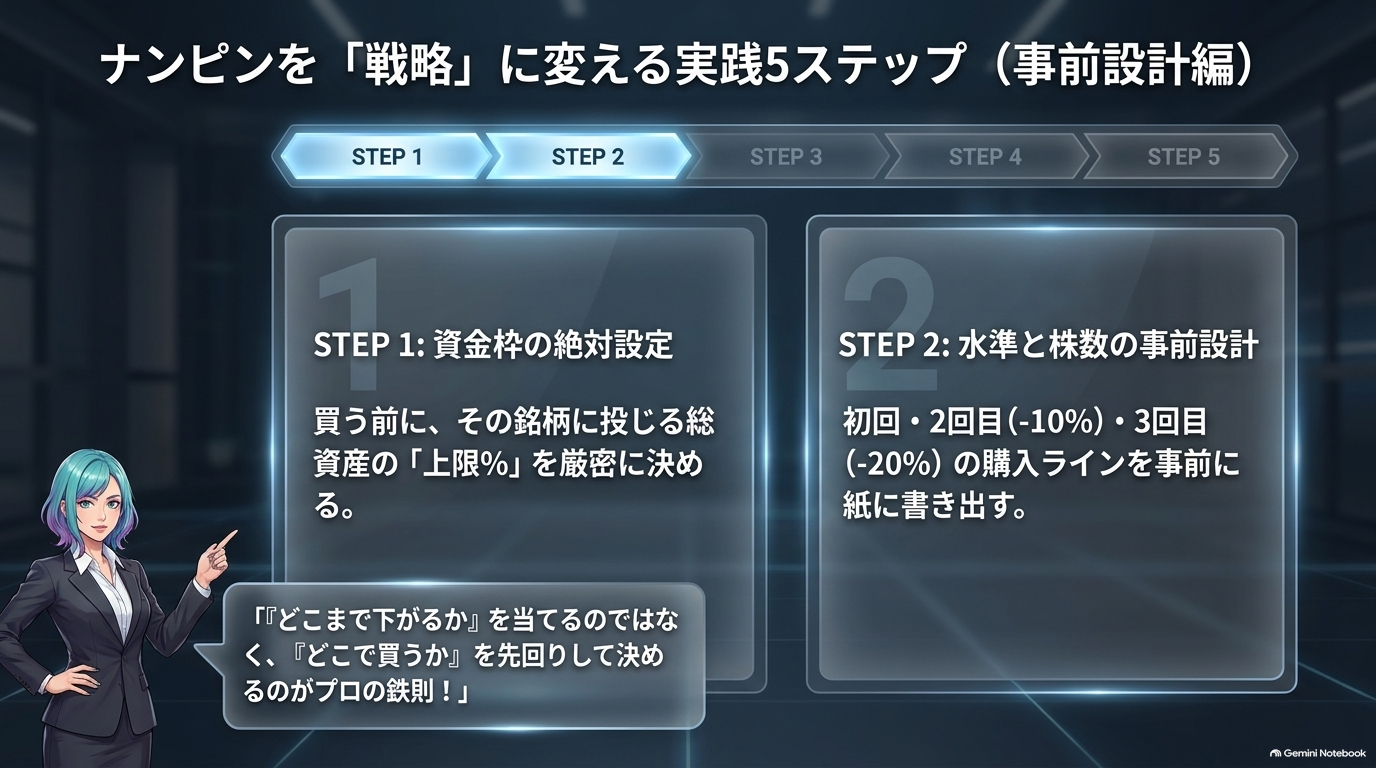 ナンピンを「戦略」に変える実践5ステップ（事前設計編）：STEP1 資金枠の絶対設定／STEP2 水準と株数の事前設計