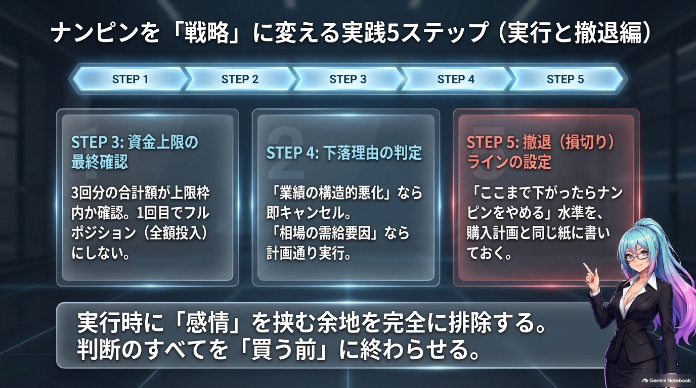 ナンピンを「戦略」に変える実践5ステップ（実行と撤退編）：STEP3 資金上限の最終確認／STEP4 下落理由の判定／STEP5 撤退ラインの設定