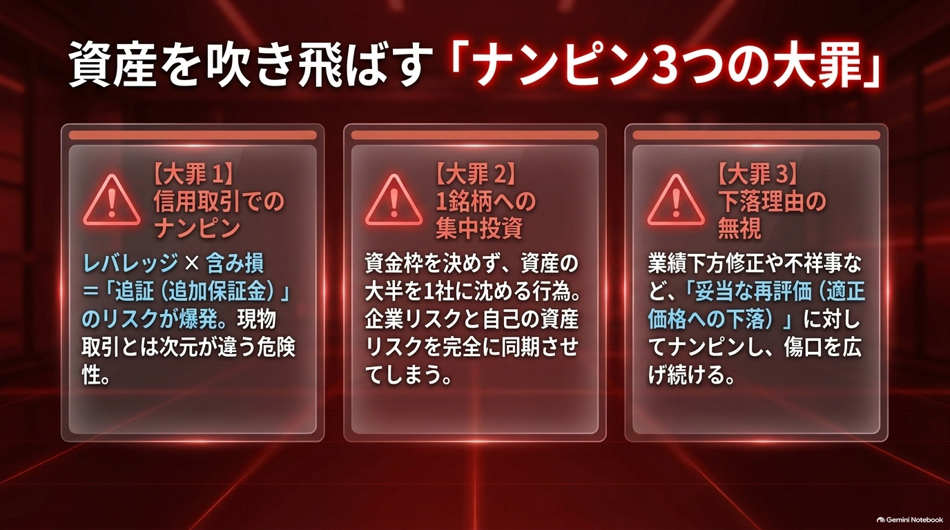 資産を吹き飛ばす「ナンピン3つの大罪」：信用取引でのナンピン／1銘柄への集中投資／下落理由の無視