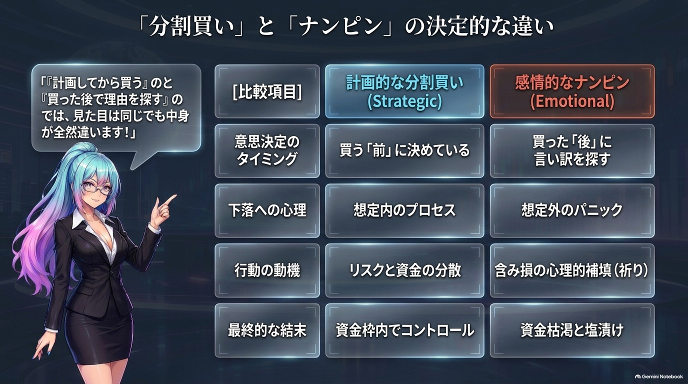 「分割買い」と「ナンピン」の決定的な違い：計画的な分割買いと感情的なナンピンの比較表